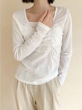 Shirring Square-Neck Solid Long Sleeves Blouse